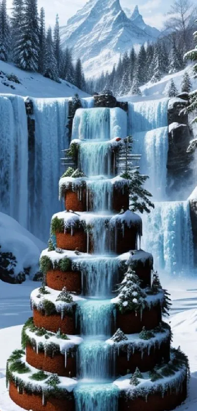 Winter landscape with a cake waterfall set in a snowy forest and mountains.