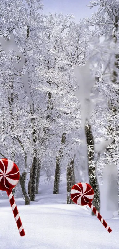 Snowy forest with peppermint candy canes under a winter wonderland sky.