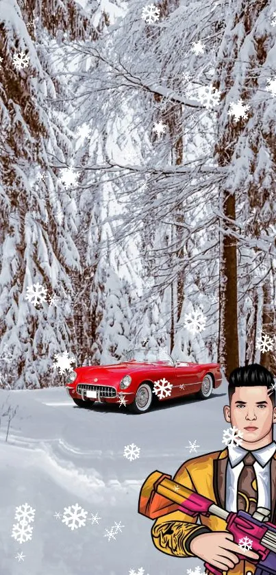 Wallpaper of a red car in a snowy forest with a winter background.