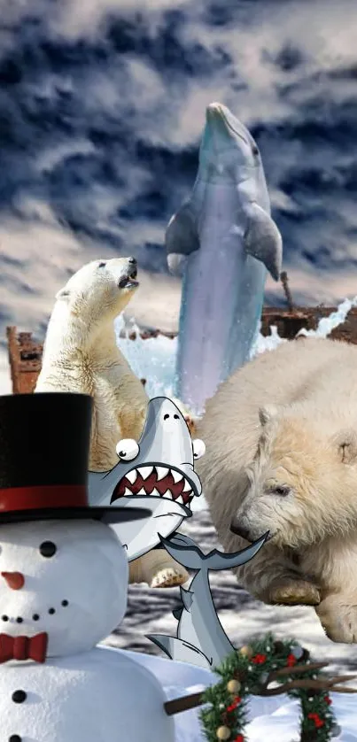 Cartoon winter scene with polar bears, a dolphin, and a snowman.