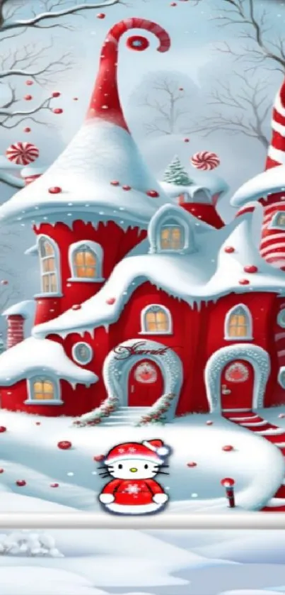 Cartoon winter house with snow and festive red colors.