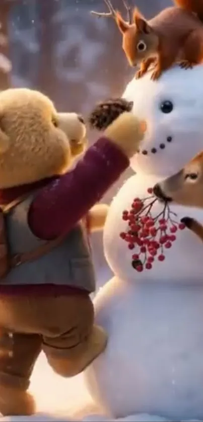 Cartoon bear and friends with snowman in winter.