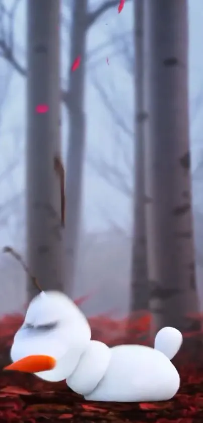 Whimsical snowman in a winter forest with red leaves on the ground.