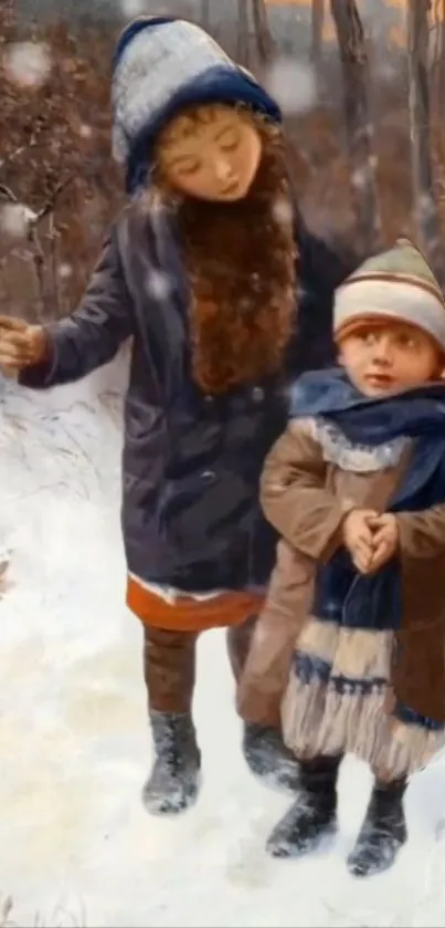 Two children in winter clothing on a snowy path.