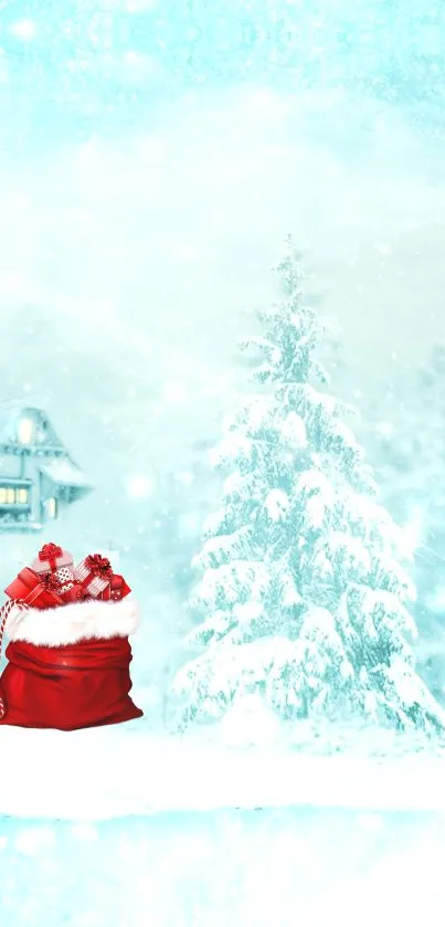 Red Santa sack on snowy landscape with tree and house.
