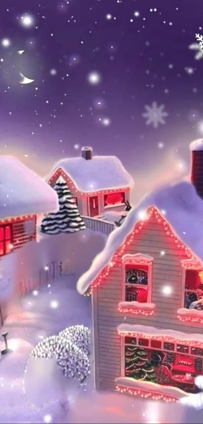 Snowy Christmas houses under purple night sky with lights and snowflakes.