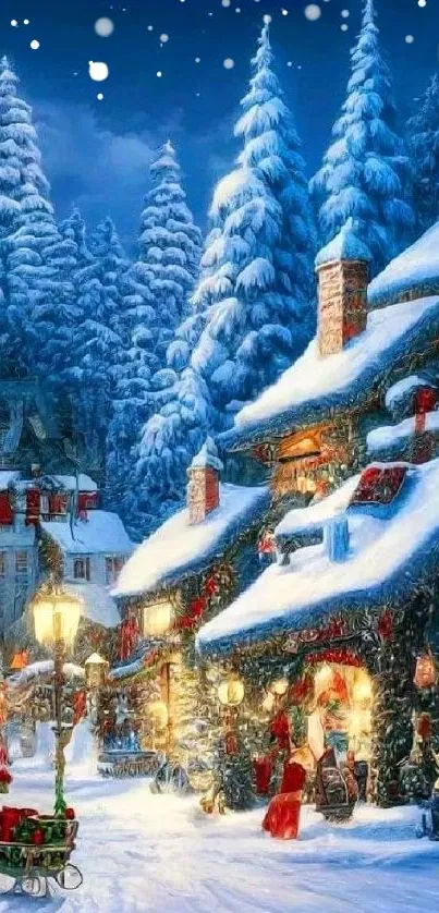 Charming winter scene with snowy cottages and festive lights in a Christmas village.