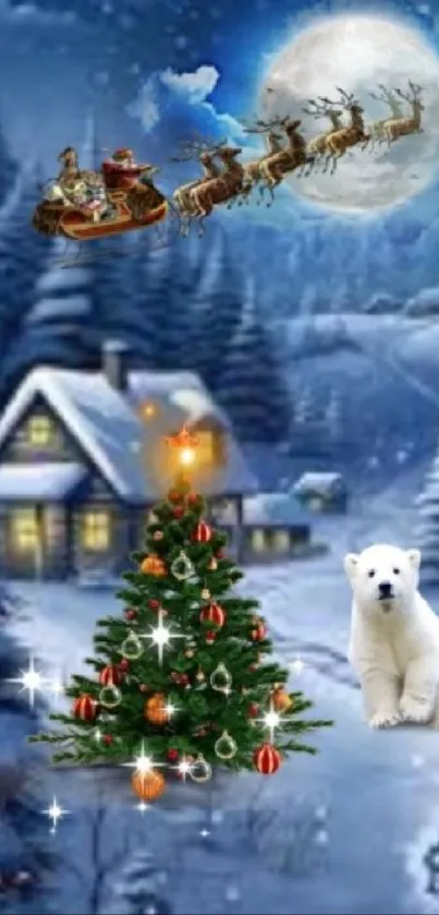 Festive Christmas scene with Santa and polar bear.