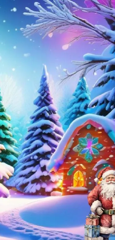 Snowy Christmas scene with Santa and gingerbread house.
