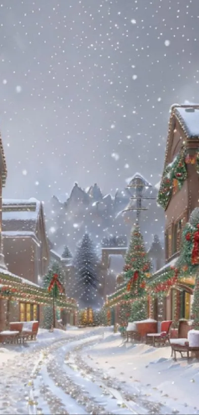 Snowy Christmas village street with festive decorations.