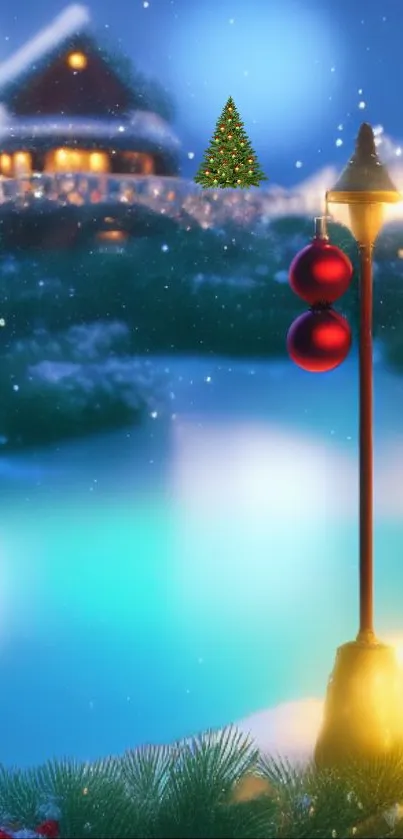 Christmas-themed phone wallpaper with snow, a lamppost, and holiday decorations.