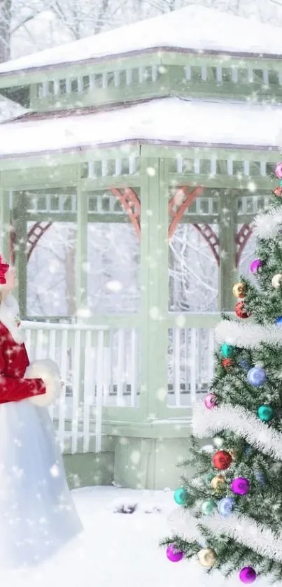 Snowy gazebo with Christmas tree.