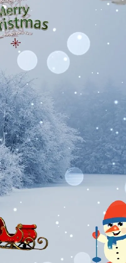 Snow-covered trees with sleigh, snowman, and Christmas text.