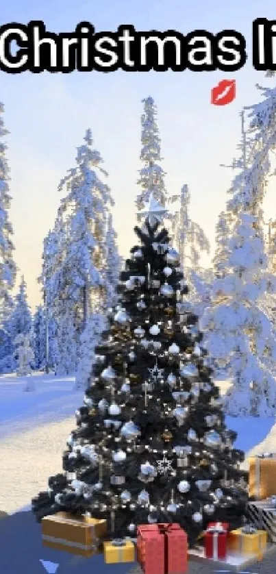 Snowy landscape with Christmas tree and gifts.