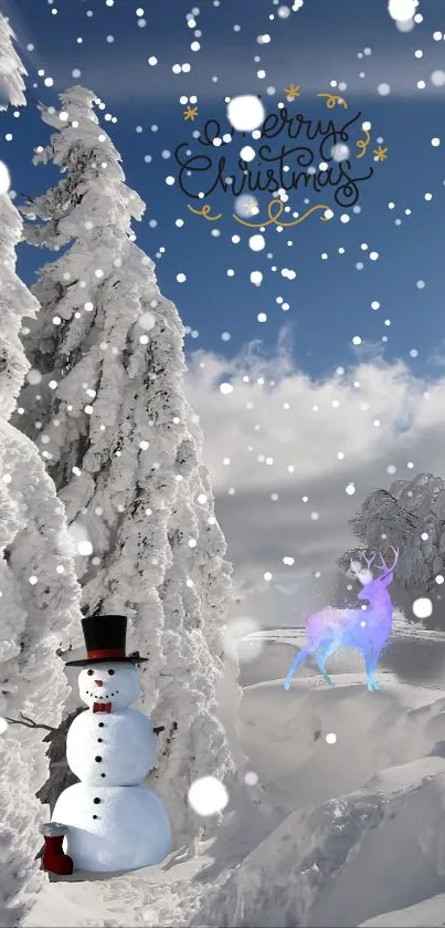 Snowy Christmas scene with snowman and reindeer.