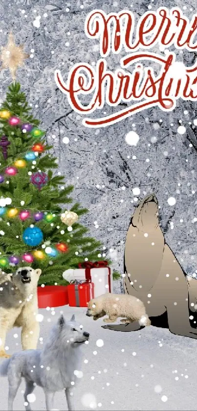 Snowy landscape with Christmas tree and animals under a 'Merry Christmas' sign.