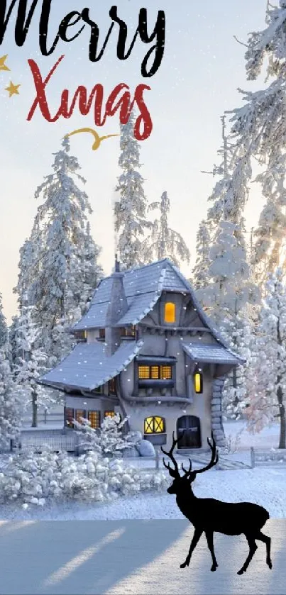 Winter Christmas scene with cabin and reindeer in snowy forest.