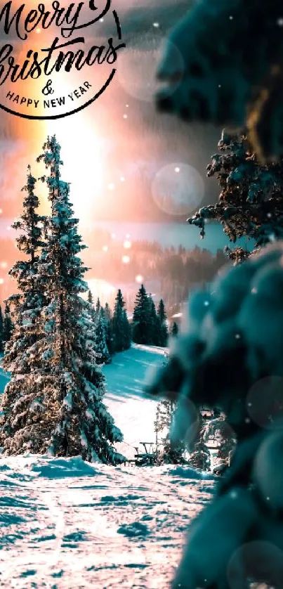 Christmas greeting on a snowy forest landscape.