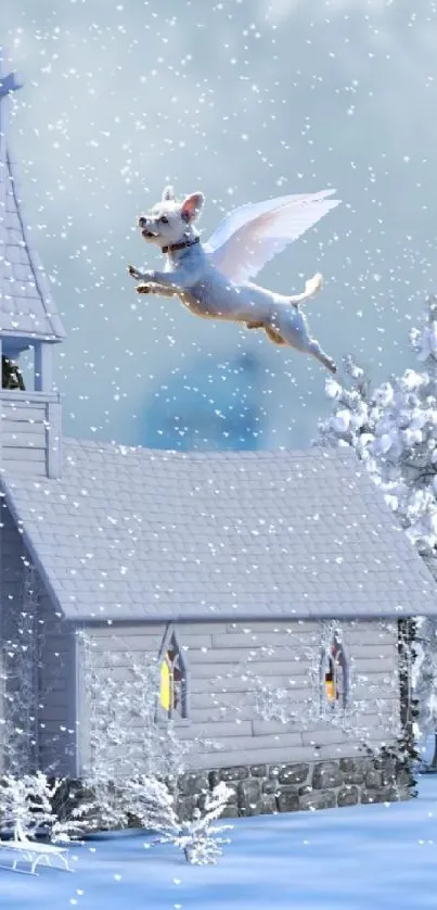 Winter church with flying dog wallpaper.