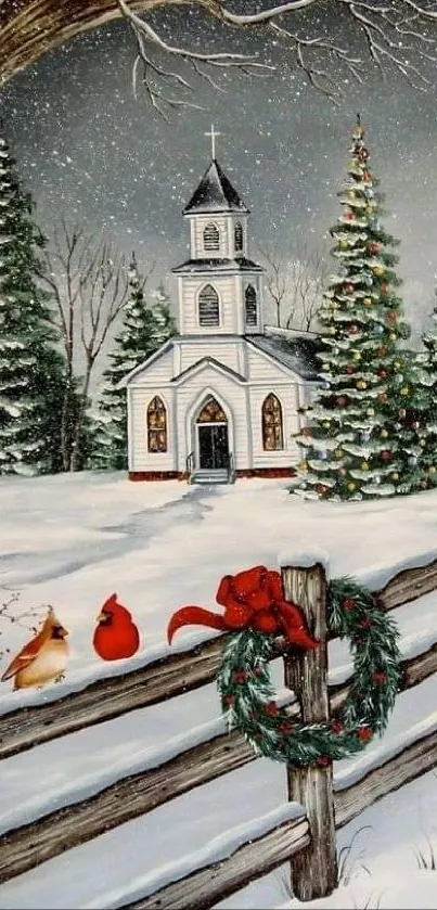 Winter church scene with snow-covered trees and a festive holiday atmosphere.