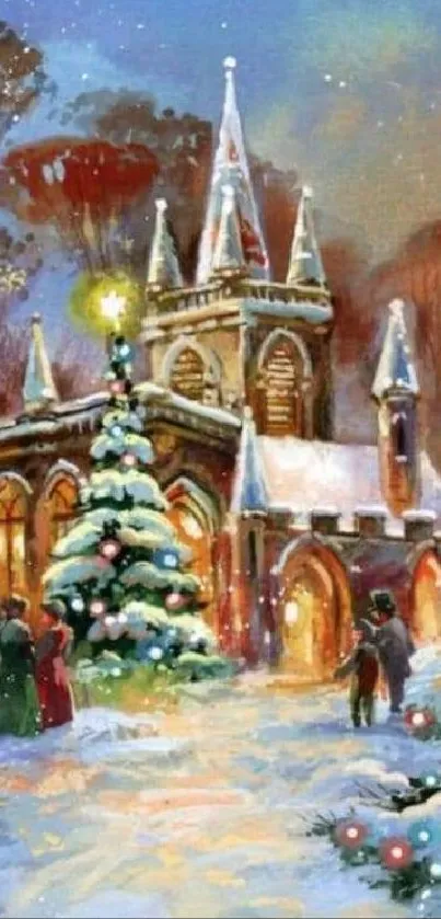 Snow-covered church with Christmas lights and trees in winter setting.