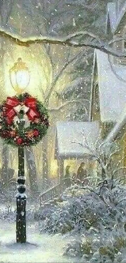 Snowy church scene with festive wreaths and glowing streetlights.