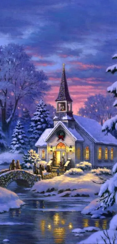 Snowy church scene with glowing lights and a serene winter landscape.