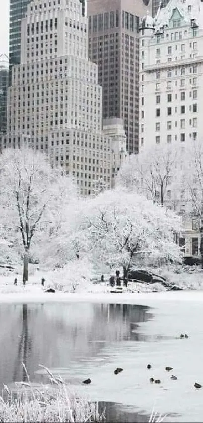 Snowy winter cityscape with trees and skyscrapers in the background.