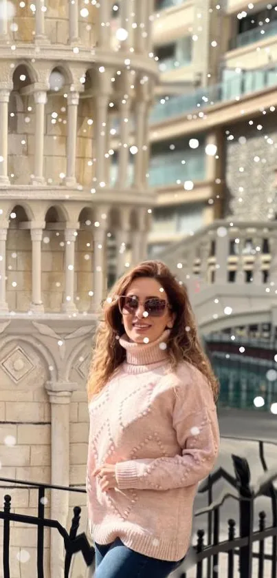 Woman in pink sweater standing by snowy tower.