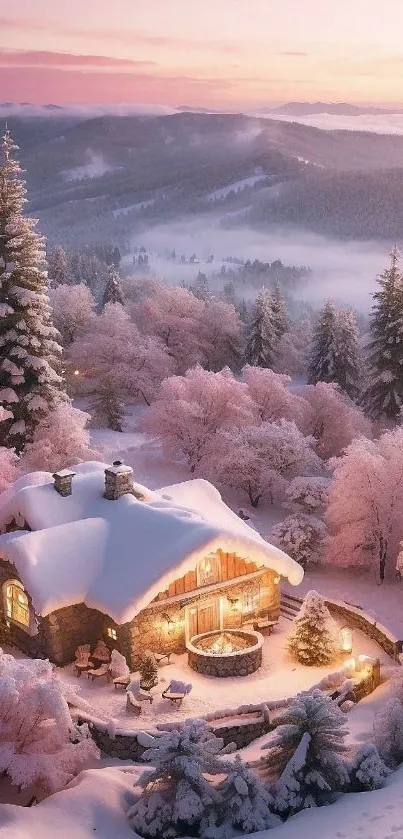A snowy cottage amidst frosted pink trees at sunset.