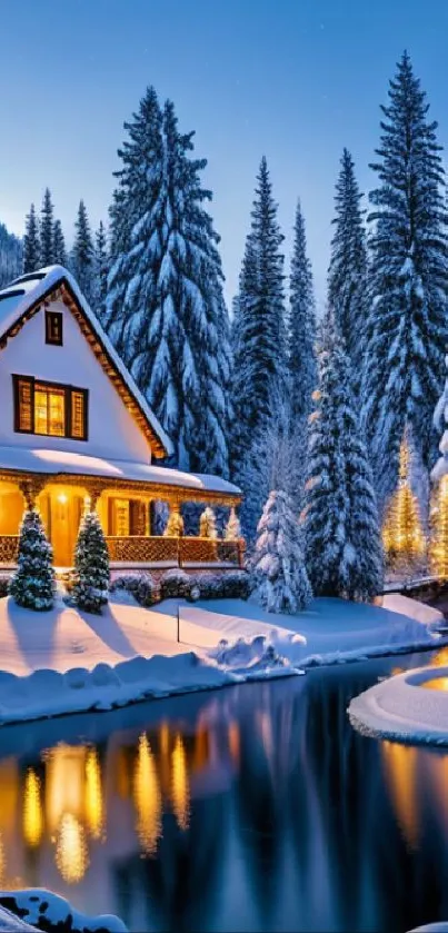 Snowy winter cottage with lit windows by a reflective stream.