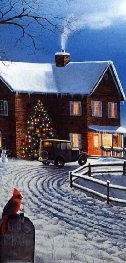 Snowy cottage with festive lights and vintage car in winter night.