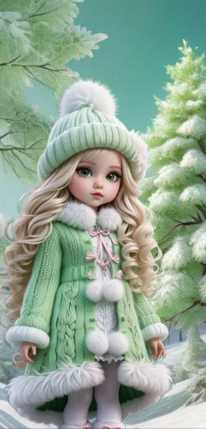 Cute doll in a snowy forest wearing a mint green coat and hat.