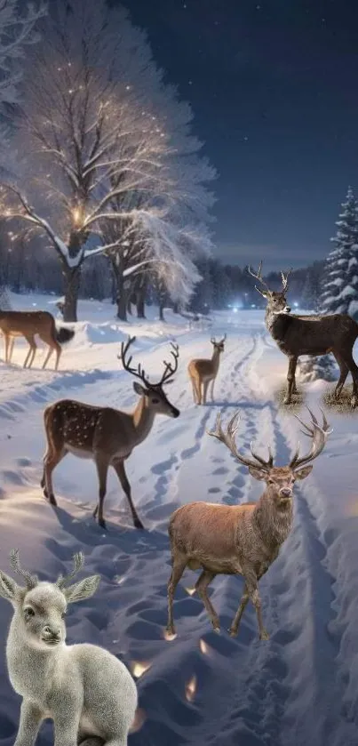 Deer wandering through a snowy and illuminated winter forest.