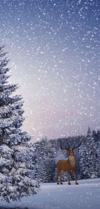 Snowy forest with deer in winter setting.