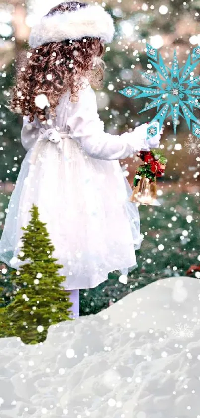 A magical winter scene with a fairy in a snowy forest.