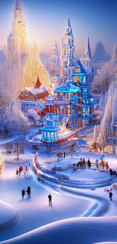 Enchanting winter fantasy landscape mobile wallpaper with blue glowing castles.