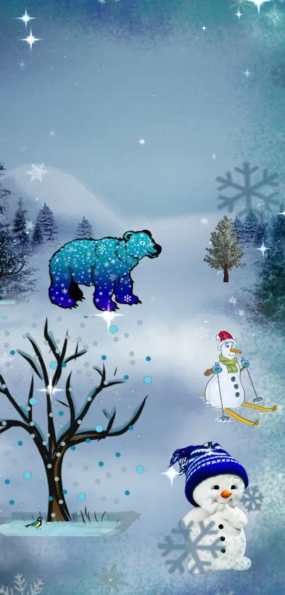 Winter fantasy wallpaper with bear, snowman, and snowy landscape.