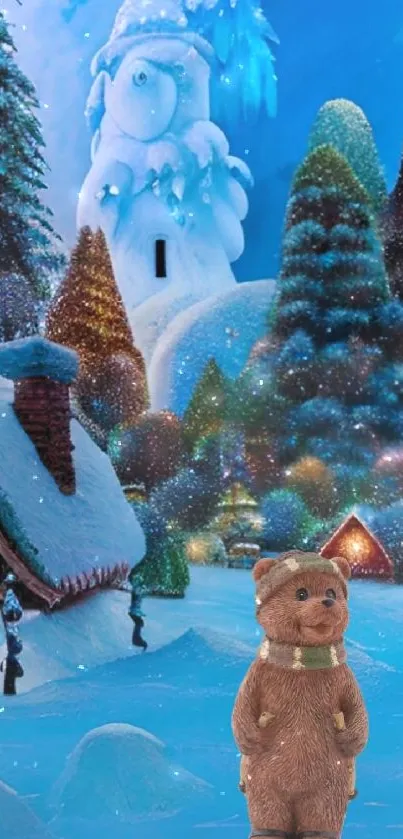Cozy bear in a winter wonderland with snowy village and trees.