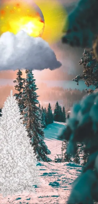 Surreal winter landscape with sun, clouds, and snowy forest.