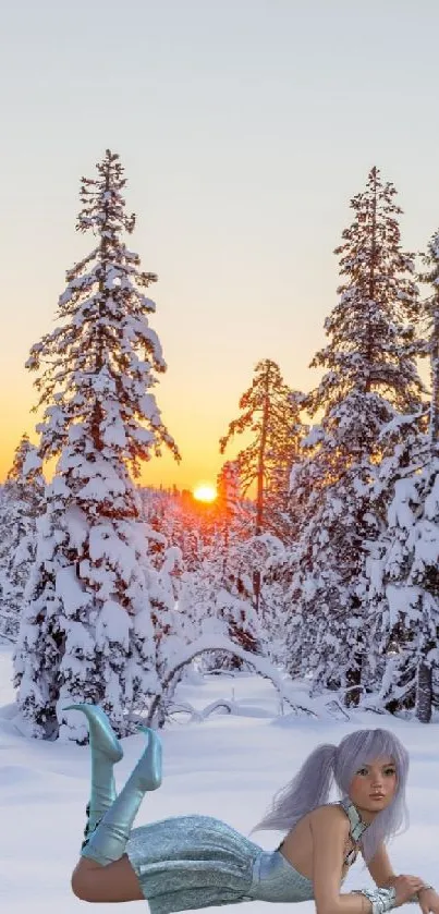 Fantasy character in a snowy forest at sunset.