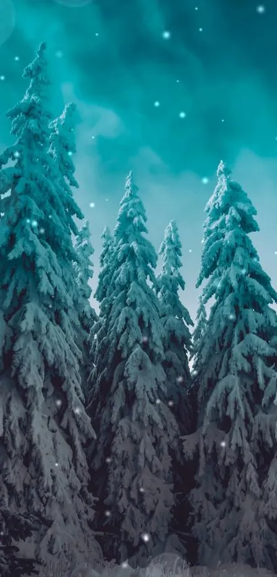 Snowy forest with teal sky, winter scene wallpaper.