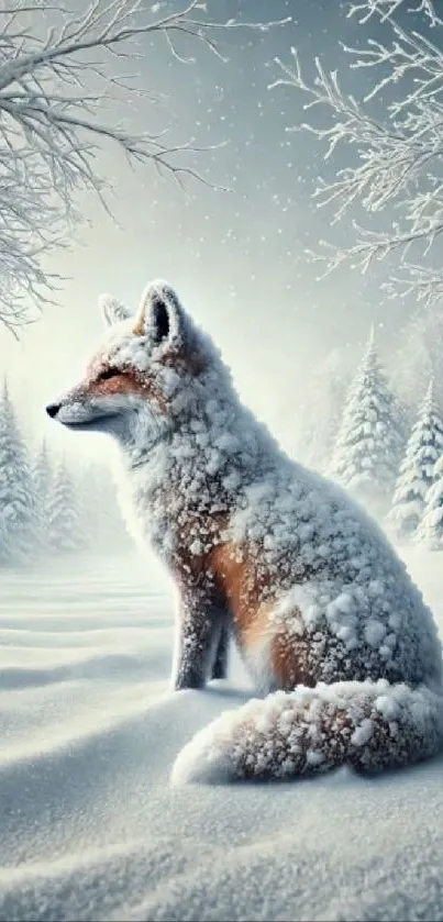 A snowy fox sits in a winter wonderland, surrounded by frosted trees.