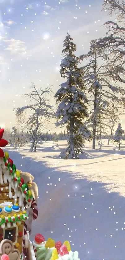 Gingerbread house in snowy winter landscape with trees and sunlight.