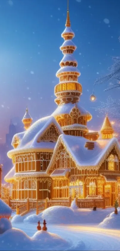 Gingerbread house in snowy winter wonderland with festive lights.