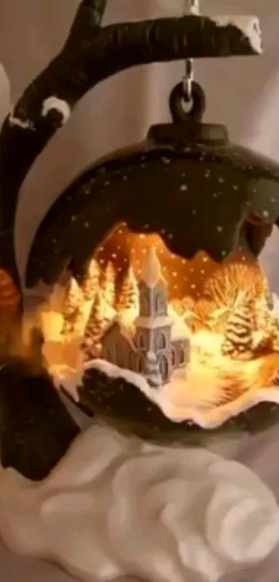 Snow globe with winter village lighted inside.