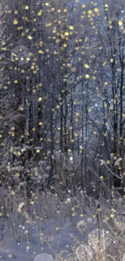 Snowy forest with golden sparkles in winter.