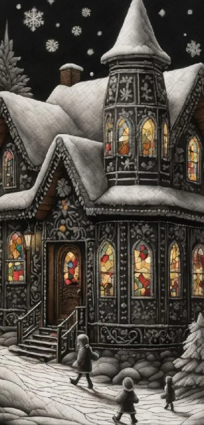 Gothic house with snow and stained glass windows at night.