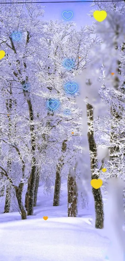 Snowy forest with blue and yellow hearts scattered throughout.