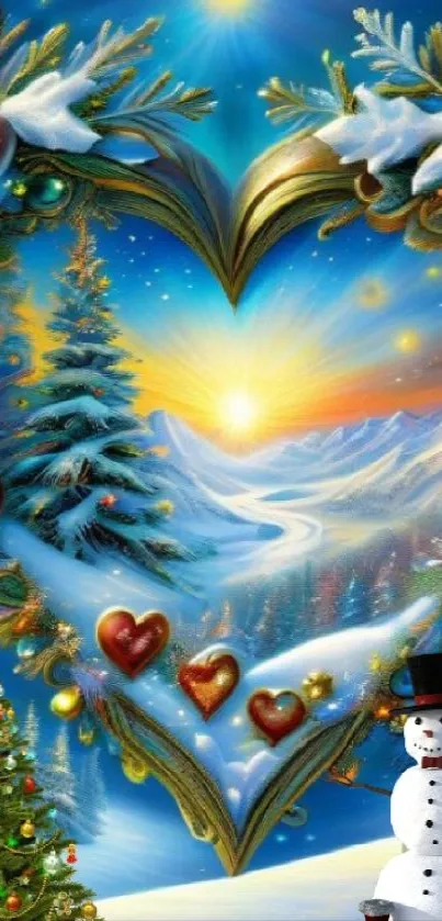 Heart-shaped wreath in snowy winter landscape with sunset and festive decorations.